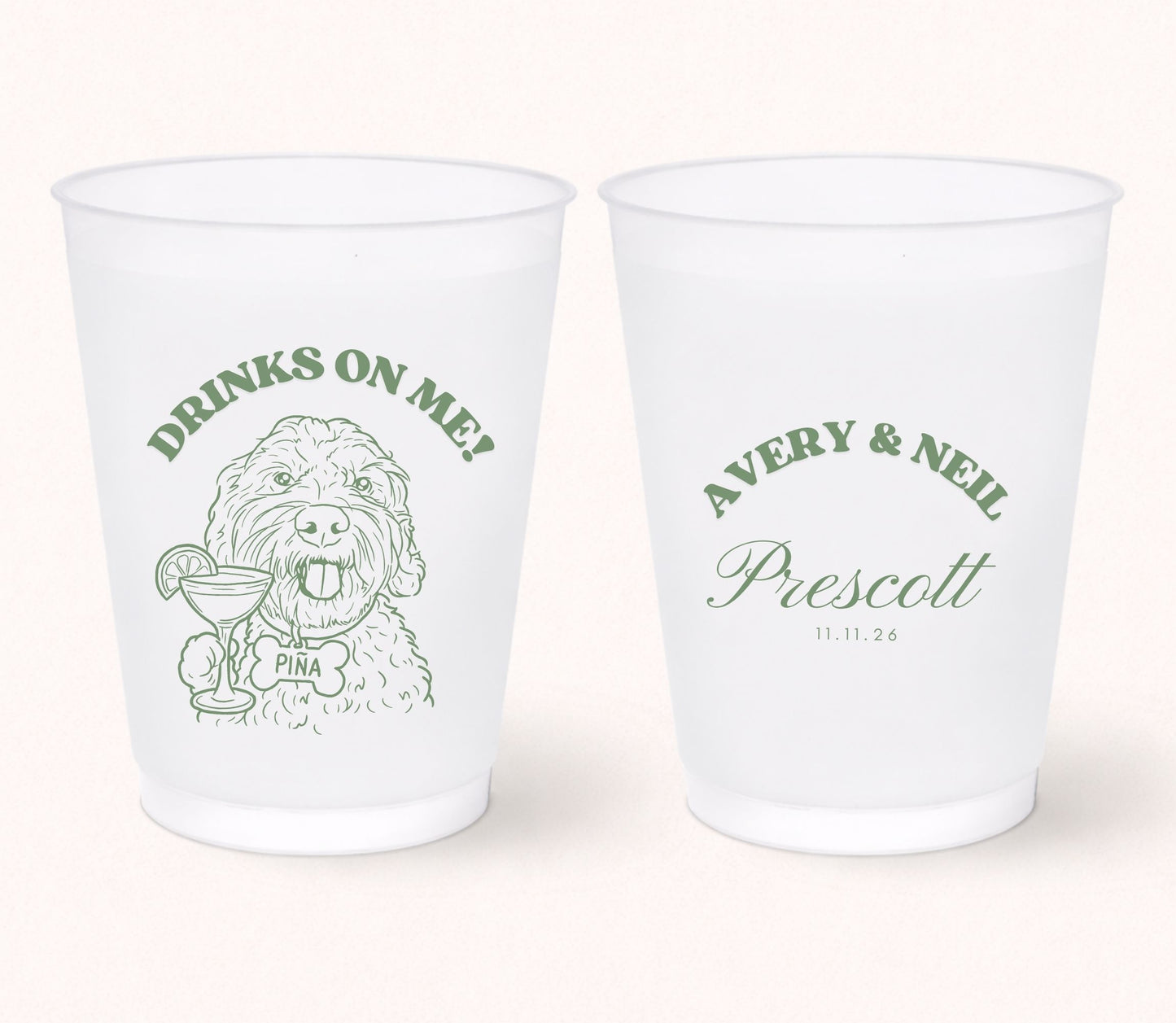 Two personalized frosted wedding cups featuring a custom dog portrait holding a cocktail with the pet name Pina on the front and Avery & Neil Prescott with the wedding date 11.11.26 on the back in sage green print.
Personalized frosted wedding cup featuring a custom dog portrait with a signature cocktail illustration.
Custom pet portrait wedding cup with dog artwork, personalized names, and wedding date.