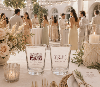 Personalized ULL Alumni Center wedding shot glasses featuring custom venue artwork, wedding date, and family name personalization.