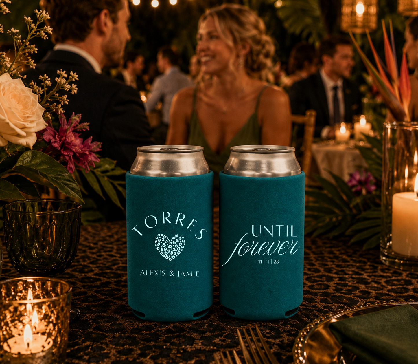Personalized teal wedding can koozies.