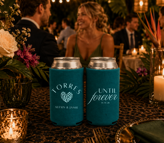 Personalized teal wedding can koozies.