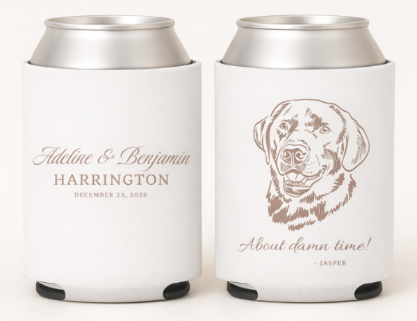 Custom dog wedding can cooler with pet portrait
Personalized wedding favor with dog illustration
Dog lover wedding can cooler custom design
Pet portrait wedding favor with names and date