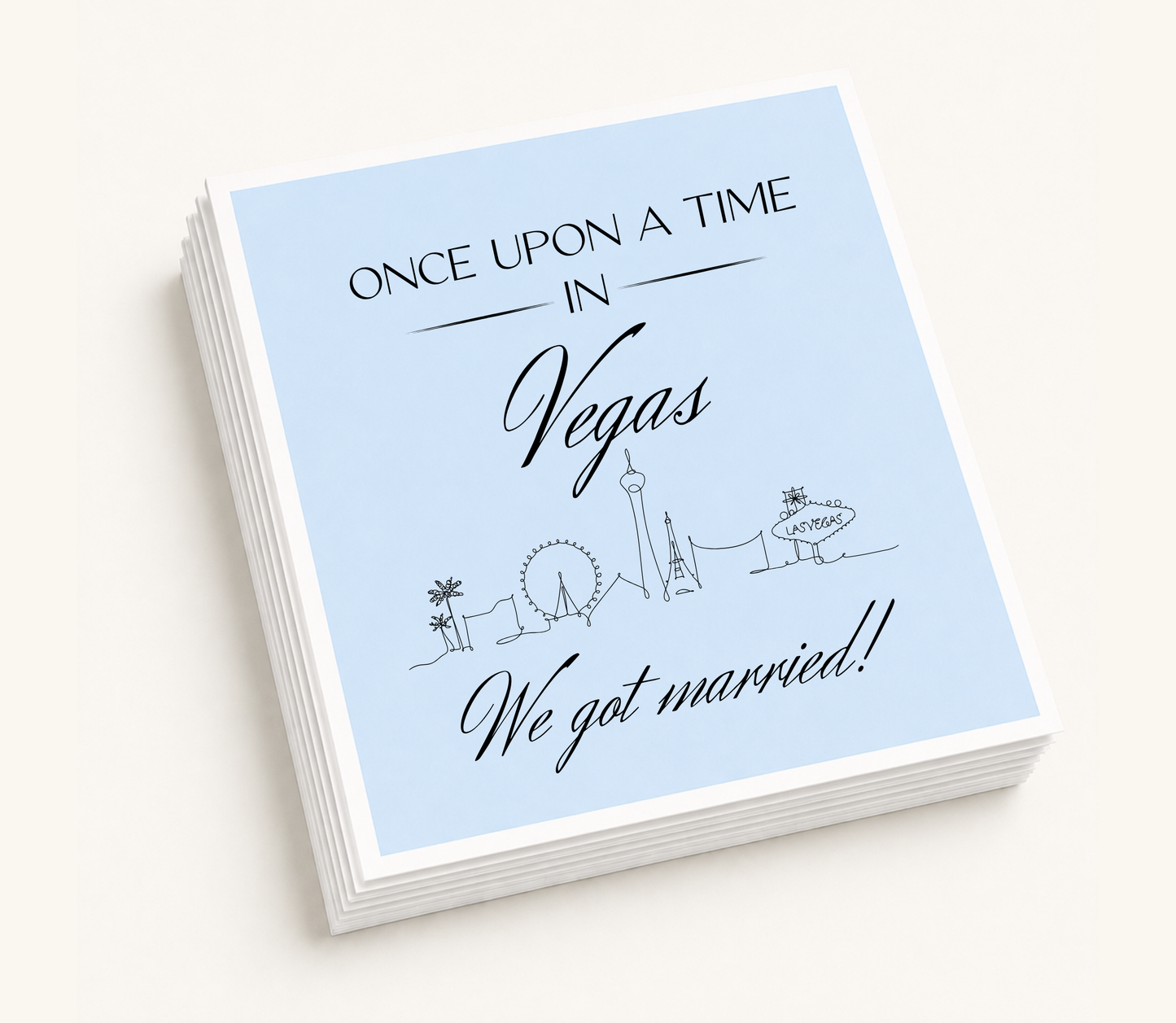 Personalized Las Vegas wedding cocktail napkins featuring a Vegas skyline illustration and custom wedding wording.
