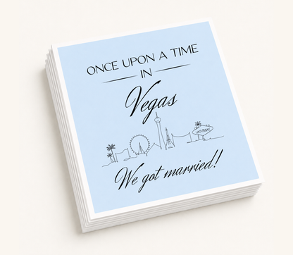 Personalized Las Vegas wedding cocktail napkins featuring a Vegas skyline illustration and custom wedding wording.