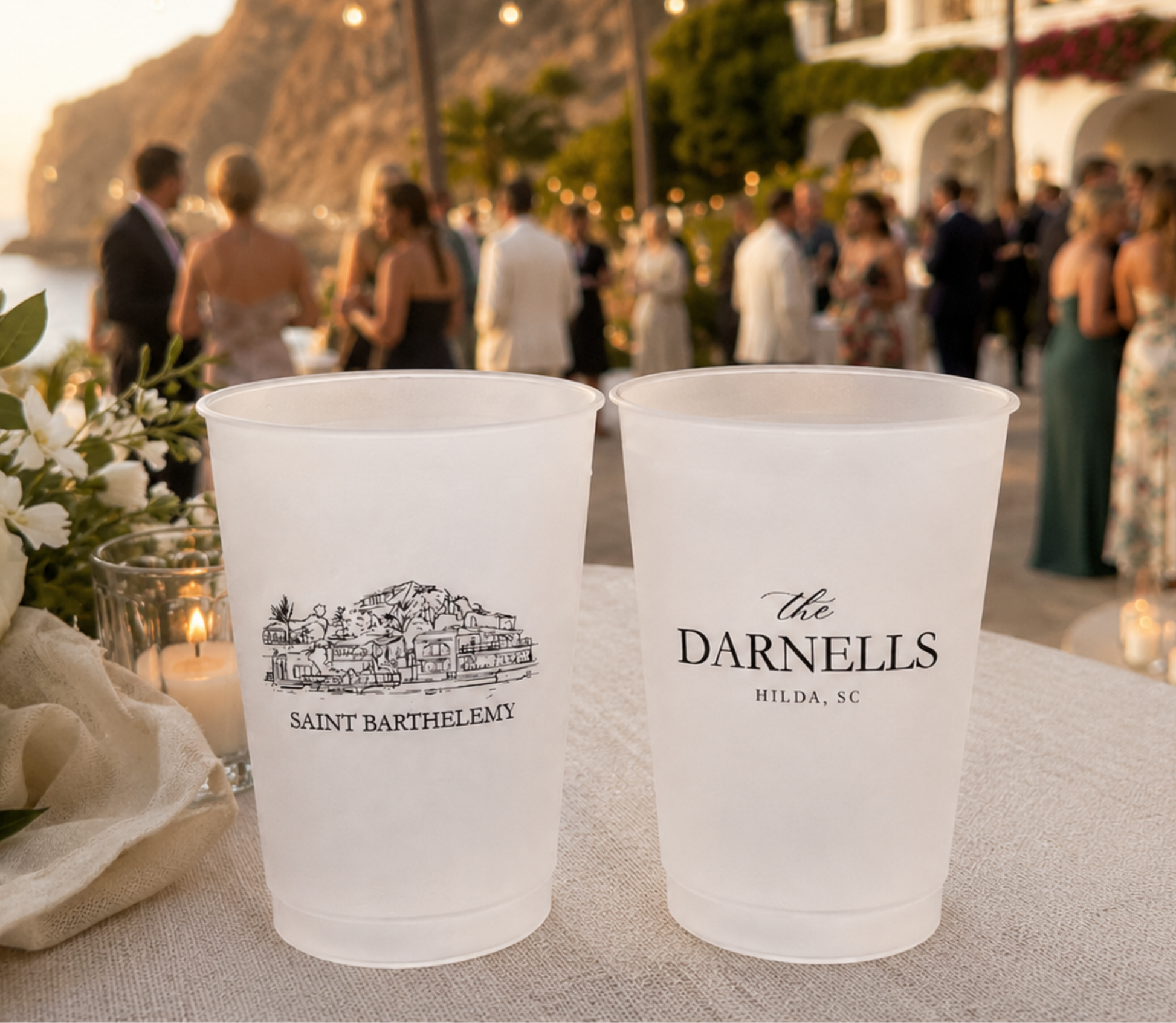 Custom Saint Barthelemy wedding cups with personalized family name and venue artwork