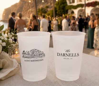 Custom Saint Barthelemy wedding cups with personalized family name and venue artwork