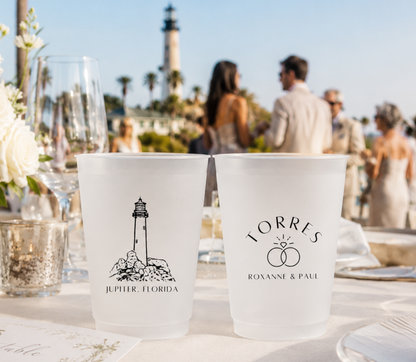 Personalized Jupiter Florida wedding frosted cups featuring lighthouse artwork and custom couple names