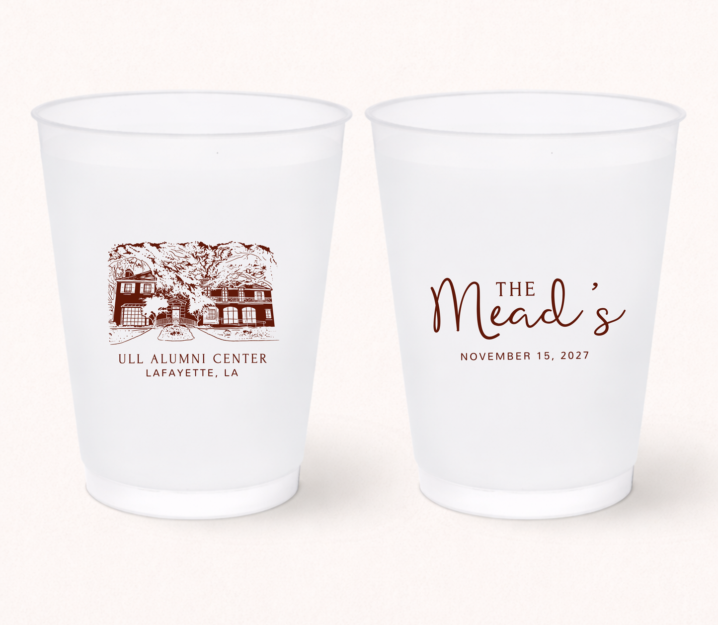 Personalized frosted wedding cups featuring ULL Alumni Center illustration with custom family name and wedding date
