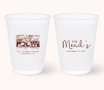 Personalized frosted wedding cups featuring ULL Alumni Center illustration with custom family name and wedding date