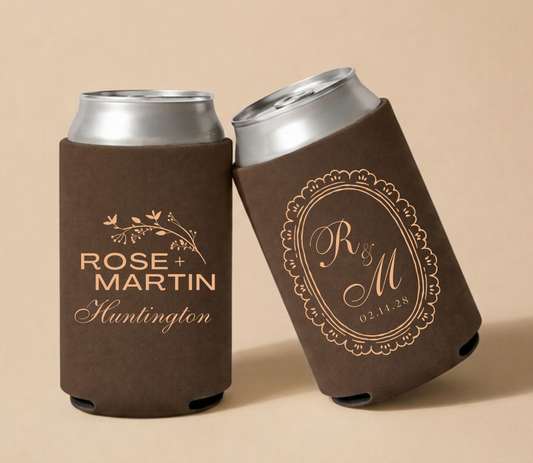 Personalized Vintage Botanical Wedding Can Coolers