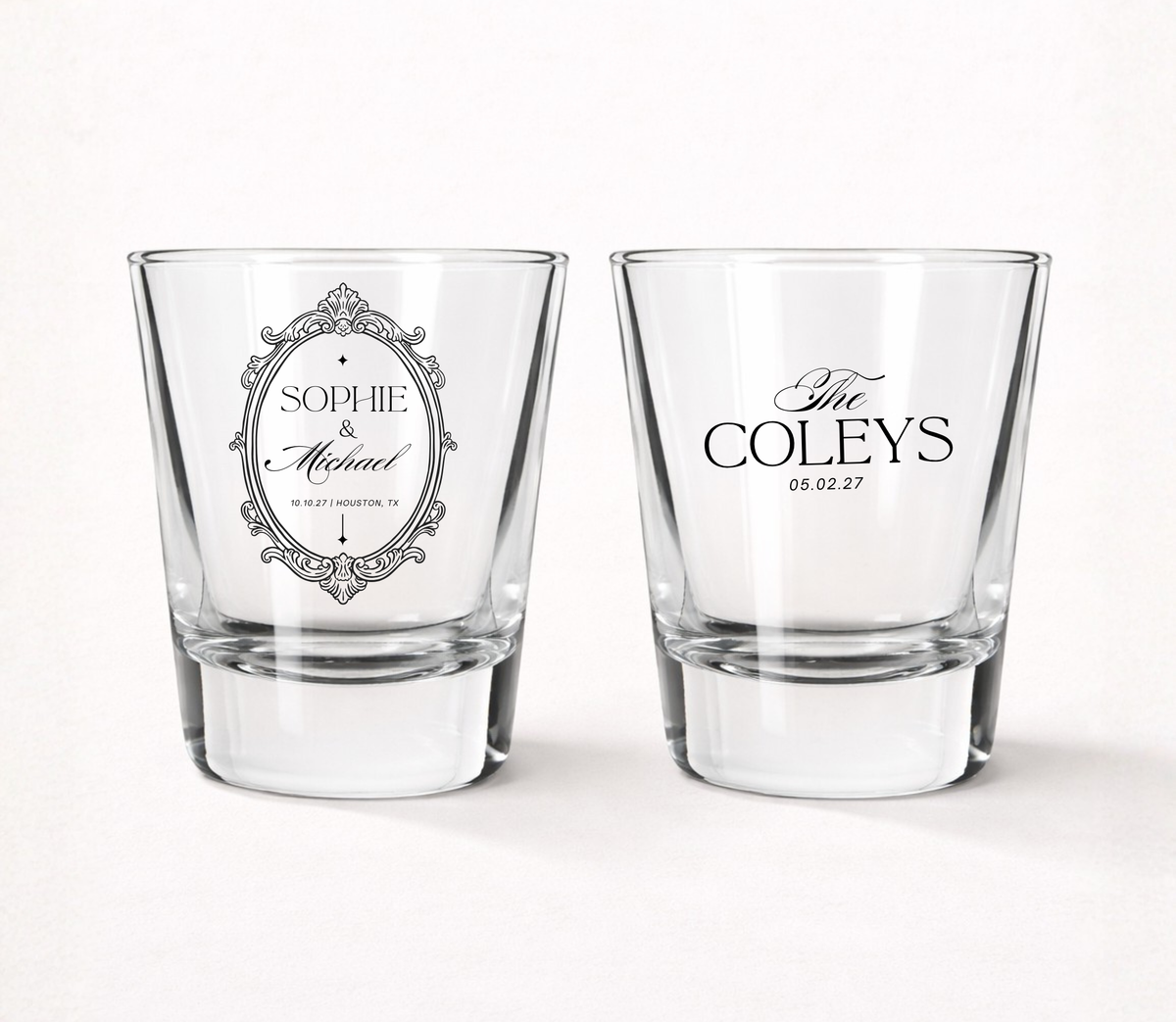 Vintage ornate frame wedding shot glasses
Personalized elegant wedding favor shot glasses
Classic wedding shot glasses with custom names
Ornate frame wedding keepsake glasses
Personalized formal wedding shot glasses
Elegant wedding reception favor glasses