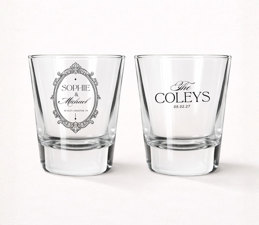 Vintage ornate frame wedding shot glasses
Personalized elegant wedding favor shot glasses
Classic wedding shot glasses with custom names
Ornate frame wedding keepsake glasses
Personalized formal wedding shot glasses
Elegant wedding reception favor glasses