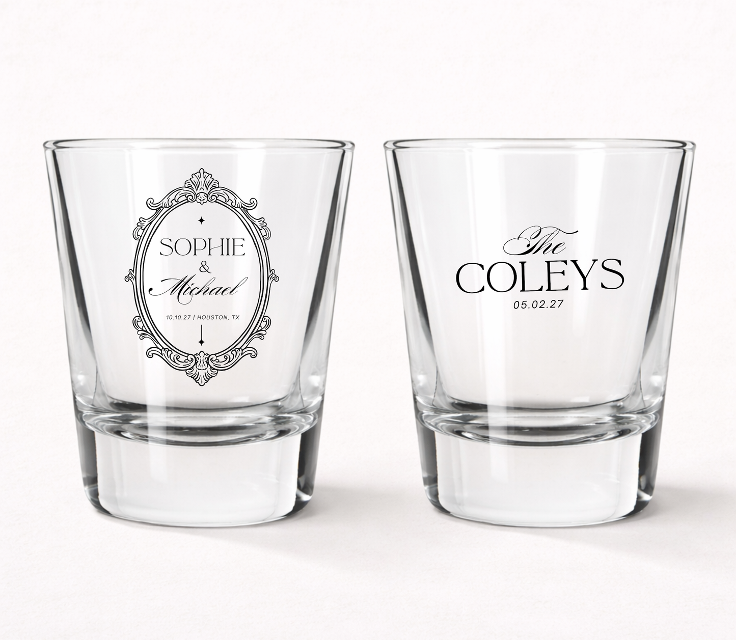 Vintage ornate frame wedding shot glasses
Personalized elegant wedding favor shot glasses
Classic wedding shot glasses with custom names
Ornate frame wedding keepsake glasses
Personalized formal wedding shot glasses
Elegant wedding reception favor glasses