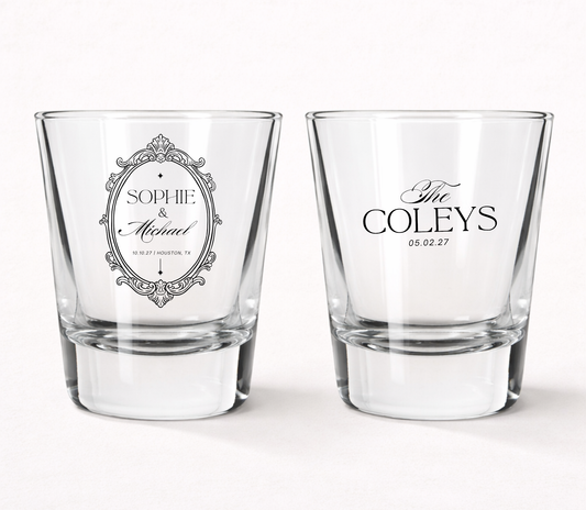 Vintage ornate frame wedding shot glasses
Personalized elegant wedding favor shot glasses
Classic wedding shot glasses with custom names
Ornate frame wedding keepsake glasses
Personalized formal wedding shot glasses
Elegant wedding reception favor glasses