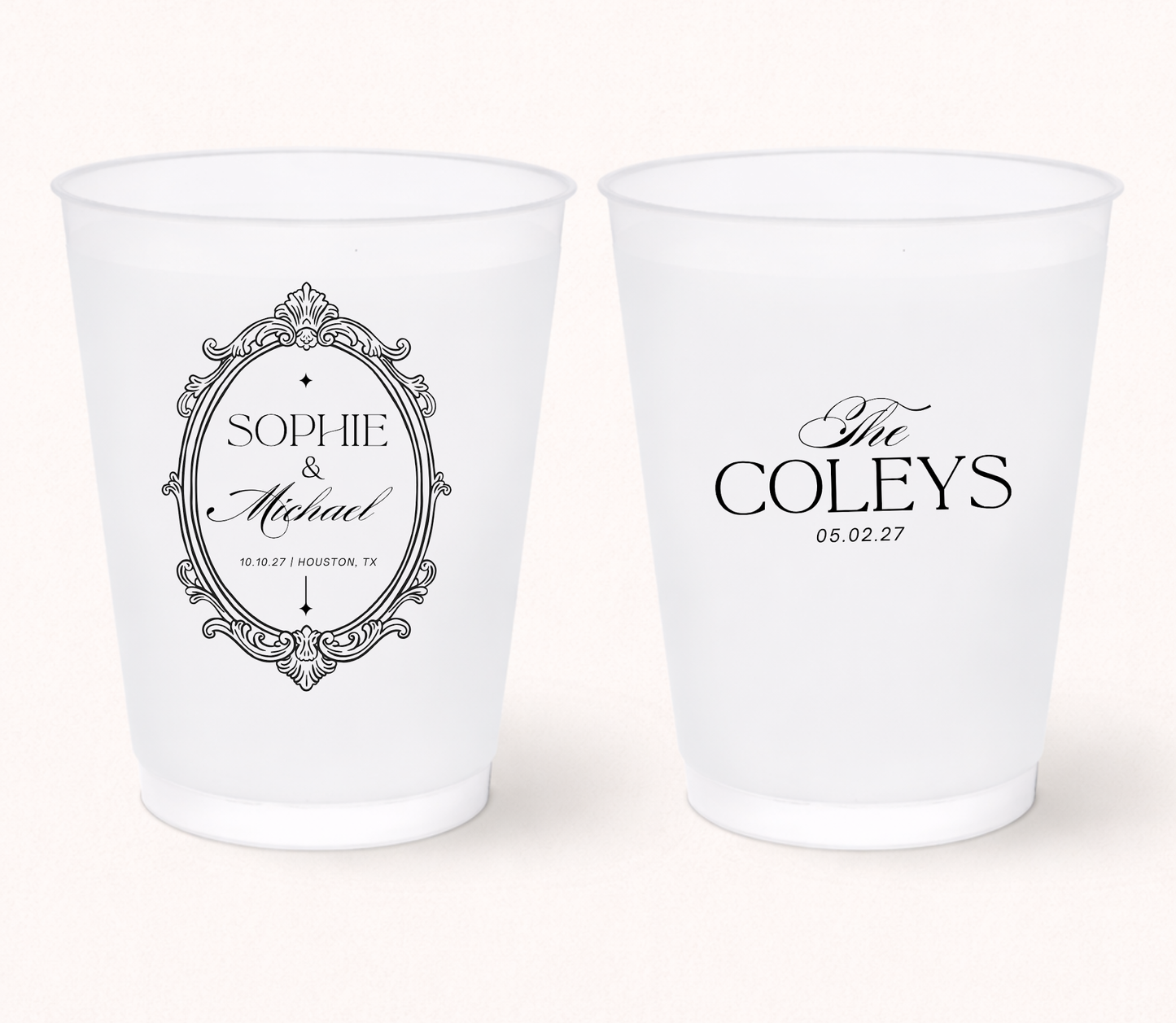 Vintage wedding frosted cups with ornate frame
Personalized elegant wedding cups with names
Custom frosted wedding cups with vintage design
Classic wedding favor cups with ornate monogram frame
