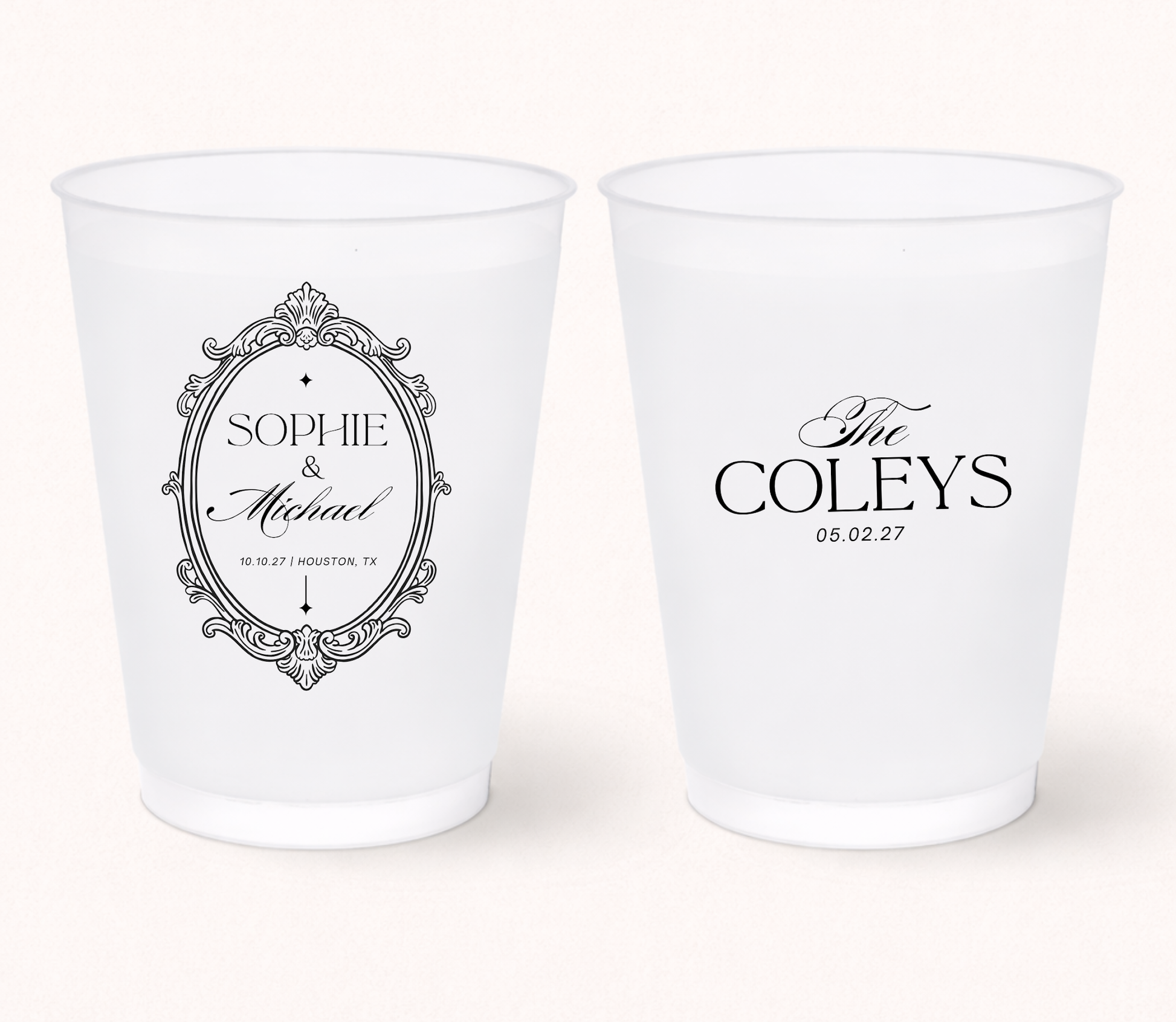 Vintage wedding frosted cups with ornate frame
Personalized elegant wedding cups with names
Custom frosted wedding cups with vintage design
Classic wedding favor cups with ornate monogram frame