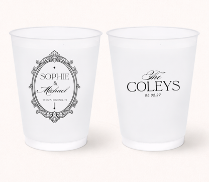 Vintage wedding frosted cups with ornate frame
Personalized elegant wedding cups with names
Custom frosted wedding cups with vintage design
Classic wedding favor cups with ornate monogram frame