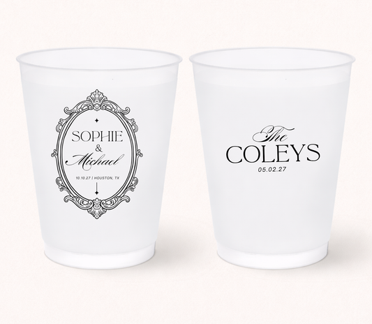 Vintage wedding frosted cups with ornate frame
Personalized elegant wedding cups with names
Custom frosted wedding cups with vintage design
Classic wedding favor cups with ornate monogram frame