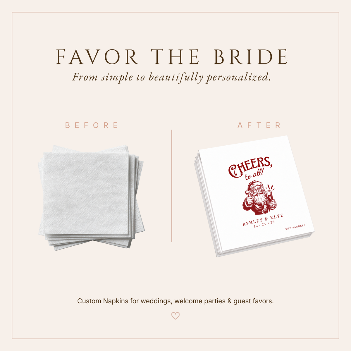 Cheers To All wedding napkins with classic Christmas artwork and personalized couple details.