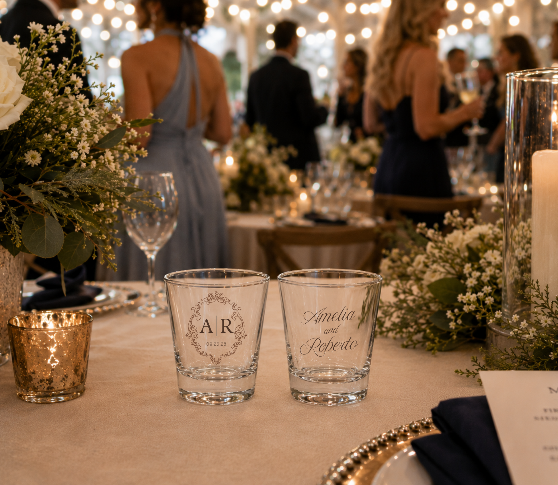 Custom wedding shot glasses with ornate monogram.

Luxury personalized wedding favor shot glasses.

Vintage monogram wedding drinkware.