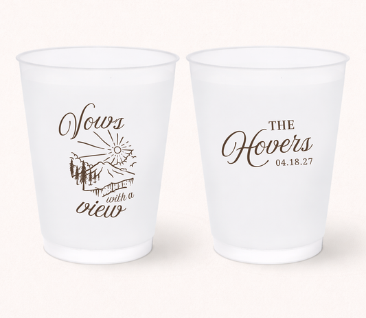 Custom Vows With A View wedding frosted cups
Personalized mountain wedding drinkware
Destination wedding frosted cups
Outdoor wedding cups with family name and date