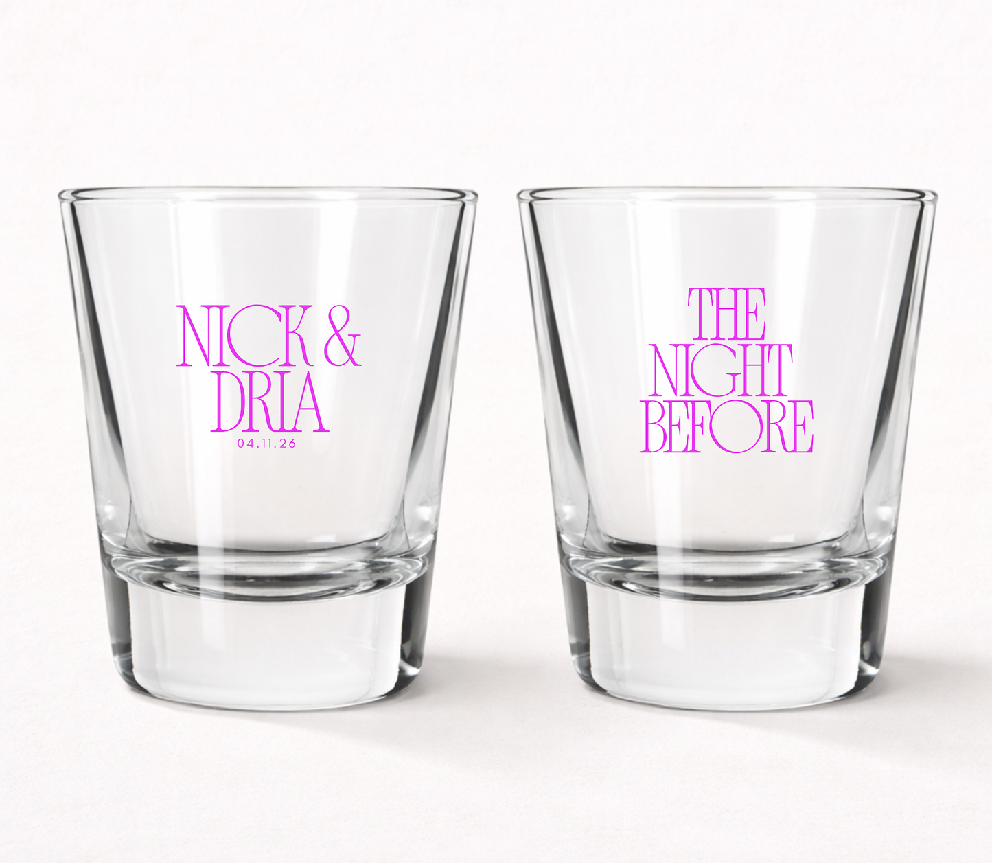 The Night Before personalized wedding shot glasses
Custom wedding welcome party shot glasses
Personalized rehearsal dinner shot glasses
Wedding weekend celebration favors
Modern wedding shot glass favors
Custom names wedding shot glasses