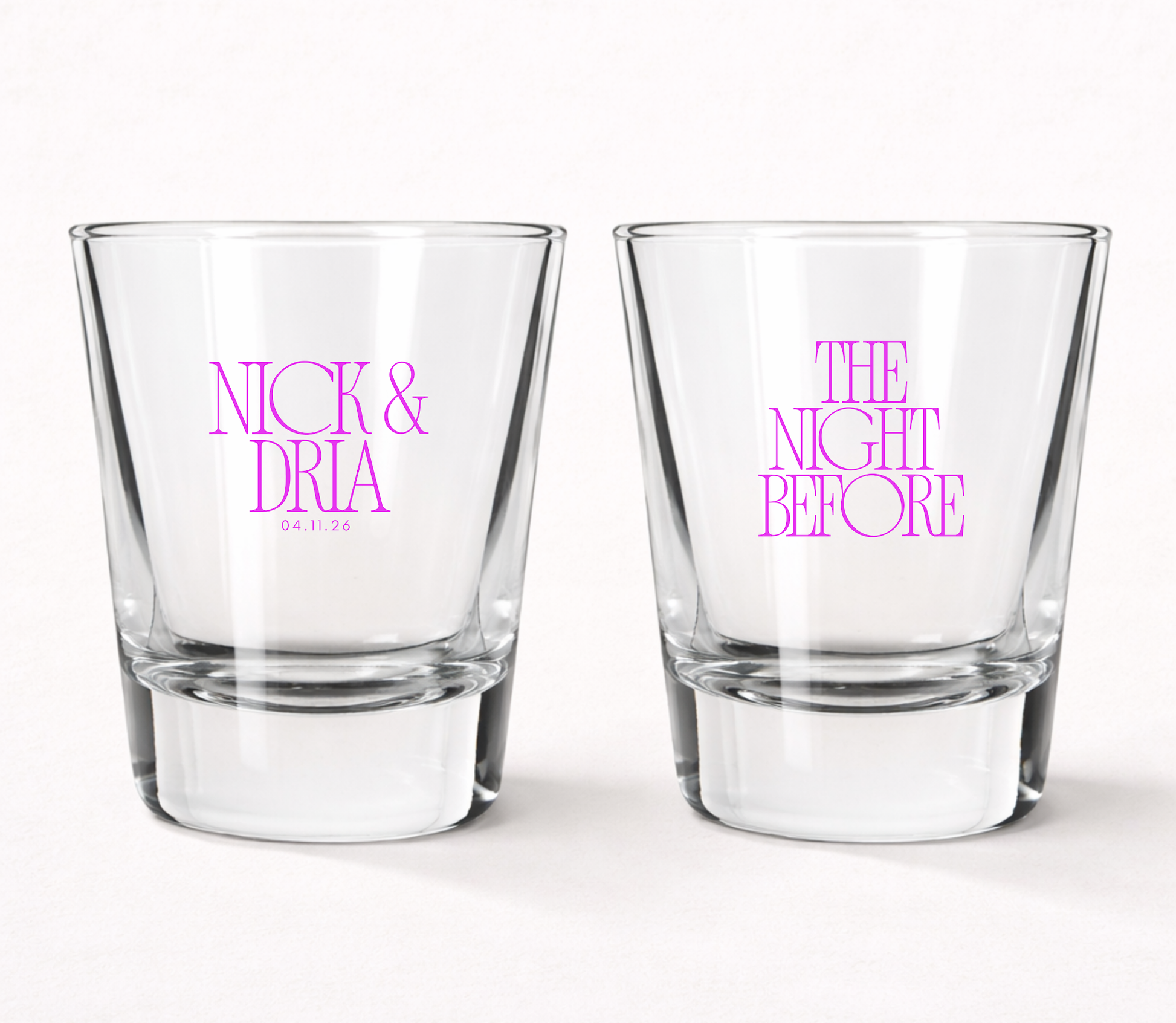 The Night Before personalized wedding shot glasses
Custom wedding welcome party shot glasses
Personalized rehearsal dinner shot glasses
Wedding weekend celebration favors
Modern wedding shot glass favors
Custom names wedding shot glasses