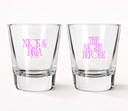 The Night Before personalized wedding shot glasses
Custom wedding welcome party shot glasses
Personalized rehearsal dinner shot glasses
Wedding weekend celebration favors
Modern wedding shot glass favors
Custom names wedding shot glasses