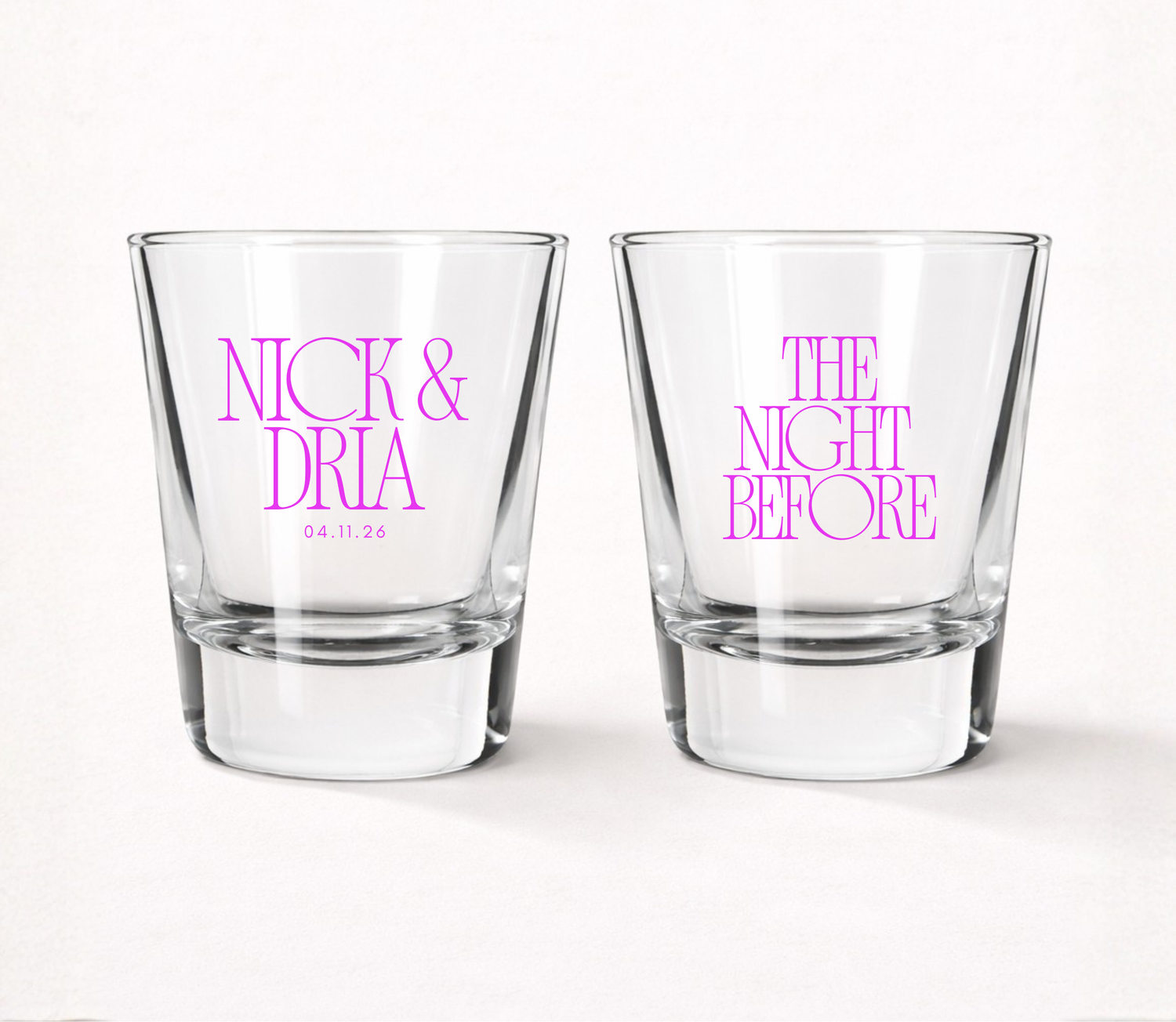 The Night Before personalized wedding shot glasses
Custom wedding welcome party shot glasses
Personalized rehearsal dinner shot glasses
Wedding weekend celebration favors
Modern wedding shot glass favors
Custom names wedding shot glasses
