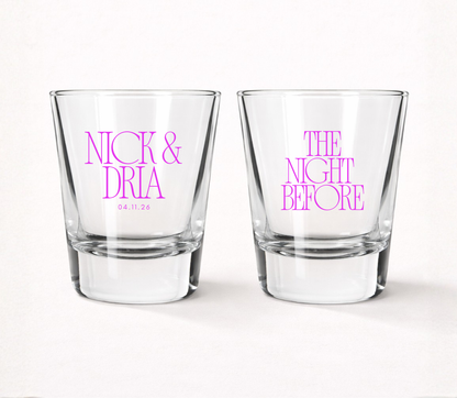 The Night Before personalized wedding shot glasses
Custom wedding welcome party shot glasses
Personalized rehearsal dinner shot glasses
Wedding weekend celebration favors
Modern wedding shot glass favors
Custom names wedding shot glasses