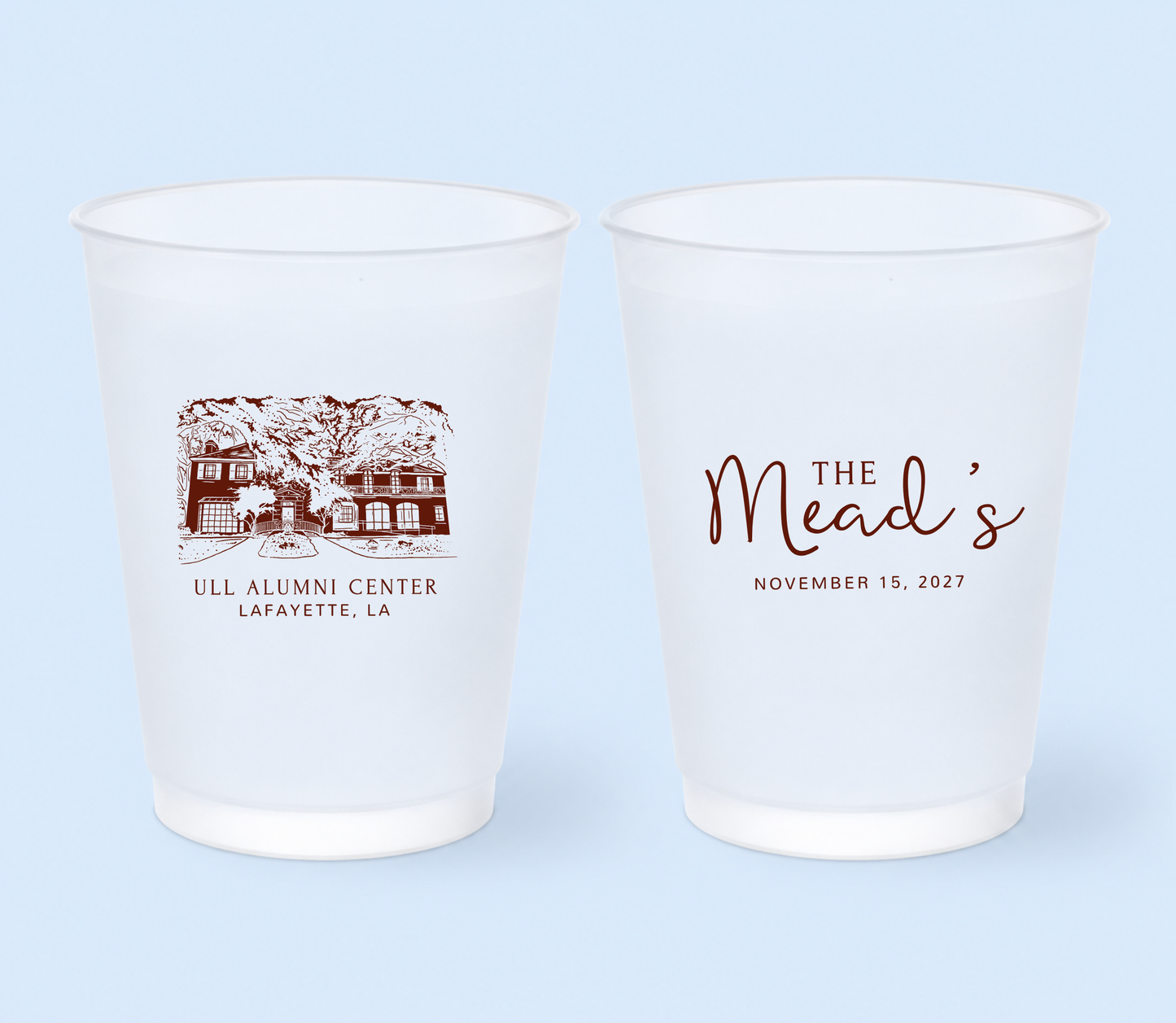 Personalized wedding venue frosted cups with custom venue artwork and names