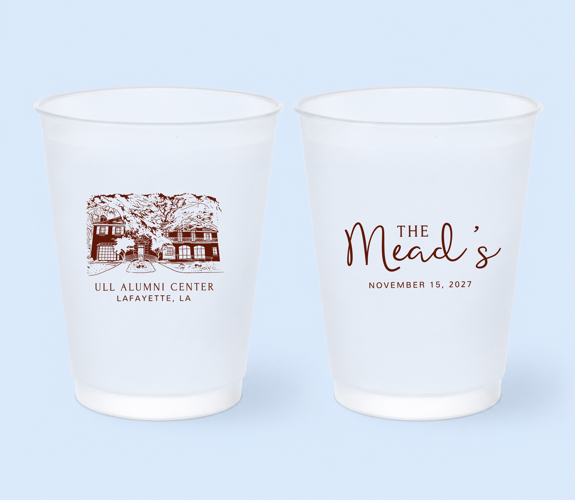 Personalized wedding venue frosted cups with custom venue artwork and names