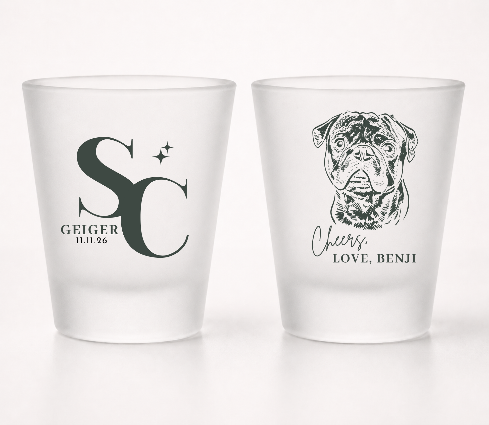 Custom frosted shot glass for wedding with pet and couples initials last name and date 
