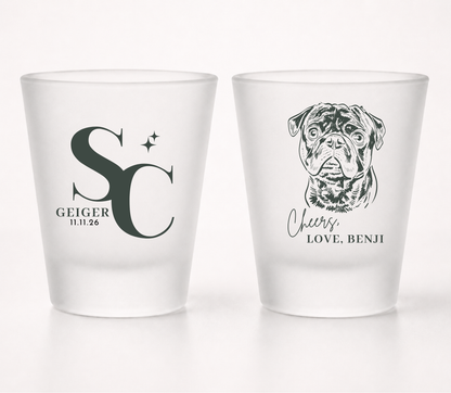 Custom frosted shot glass for wedding with pet and couples initials last name and date 