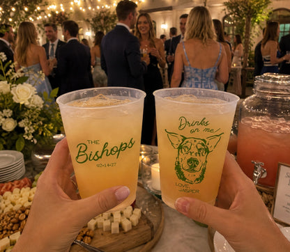 Custom dog lover wedding drinkware featuring pet artwork and playful bar-themed typography.
Personalized frosted plastic wedding cup showcasing a custom pet portrait and modern sage green printing.
Wedding reception drink cup featuring a custom dog illustration, family name, and fun "Drinks On Me!" design.
