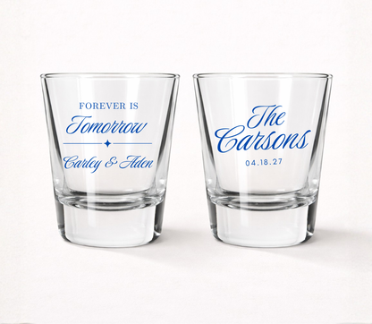 Forever Is Tomorrow personalized wedding shot glasses
Custom wedding welcome party shot glasses
Personalized rehearsal dinner shot glasses
Wedding weekend favor shot glasses
Custom family name wedding shot glasses
Elegant personalized wedding keepsakes