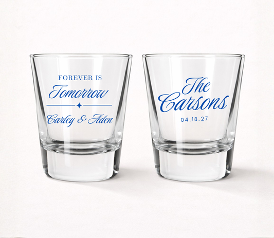 Forever Is Tomorrow personalized wedding shot glasses
Custom wedding welcome party shot glasses
Personalized rehearsal dinner shot glasses
Wedding weekend favor shot glasses
Custom family name wedding shot glasses
Elegant personalized wedding keepsakes