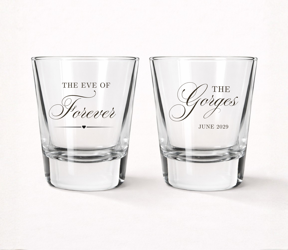 The Eve Of Forever personalized wedding shot glasses
Custom wedding eve shot glasses
Elegant wedding welcome party favors
Personalized rehearsal dinner shot glasses
Wedding weekend keepsake shot glasses
Custom family name wedding shot glasses