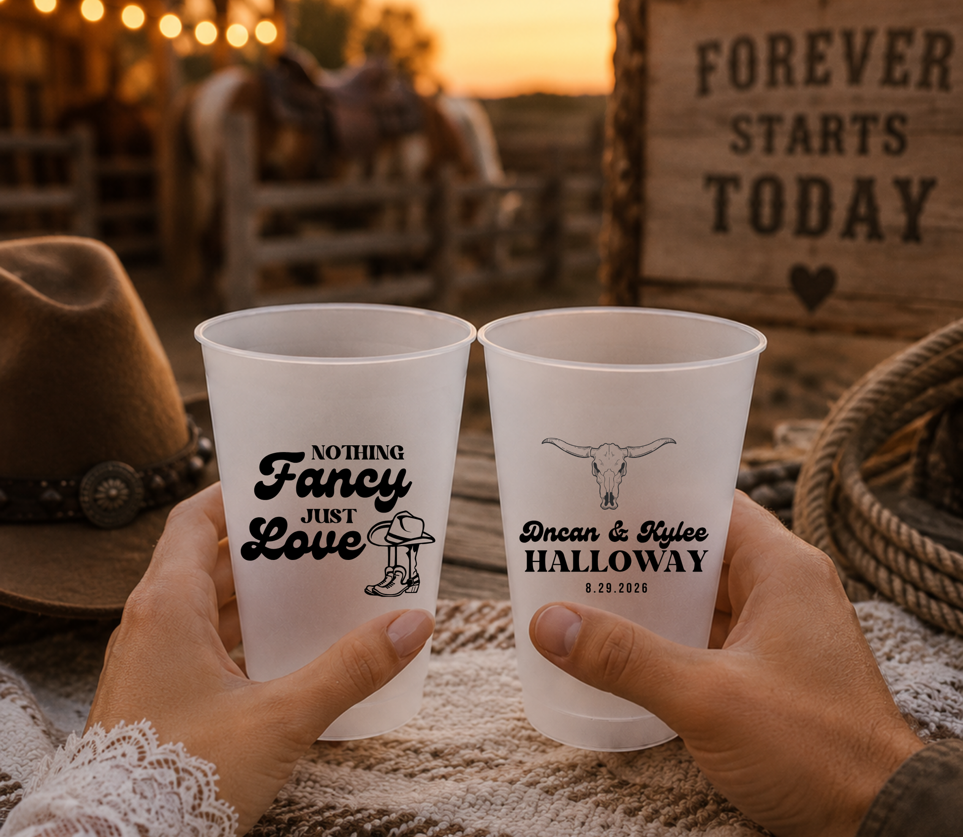 Personalized western wedding frosted cups featuring cowboy boots artwork, longhorn skull illustration, custom names, and wedding date