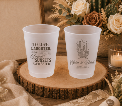 Custom desert wedding frosted cups with cactus artwork and personalized wedding details
