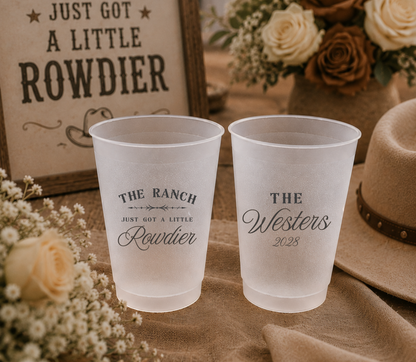 Personalized ranch wedding frosted cups featuring western typography, family name, and wedding year