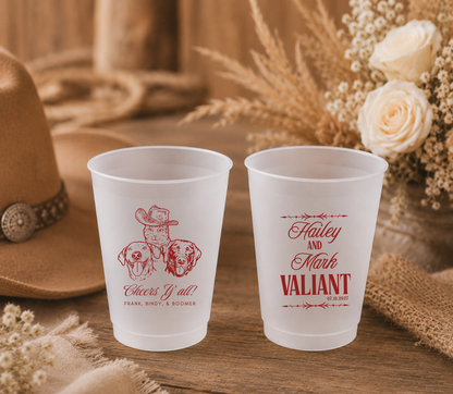 Personalized western pet wedding frosted cups featuring custom pet portraits couple names and wedding date