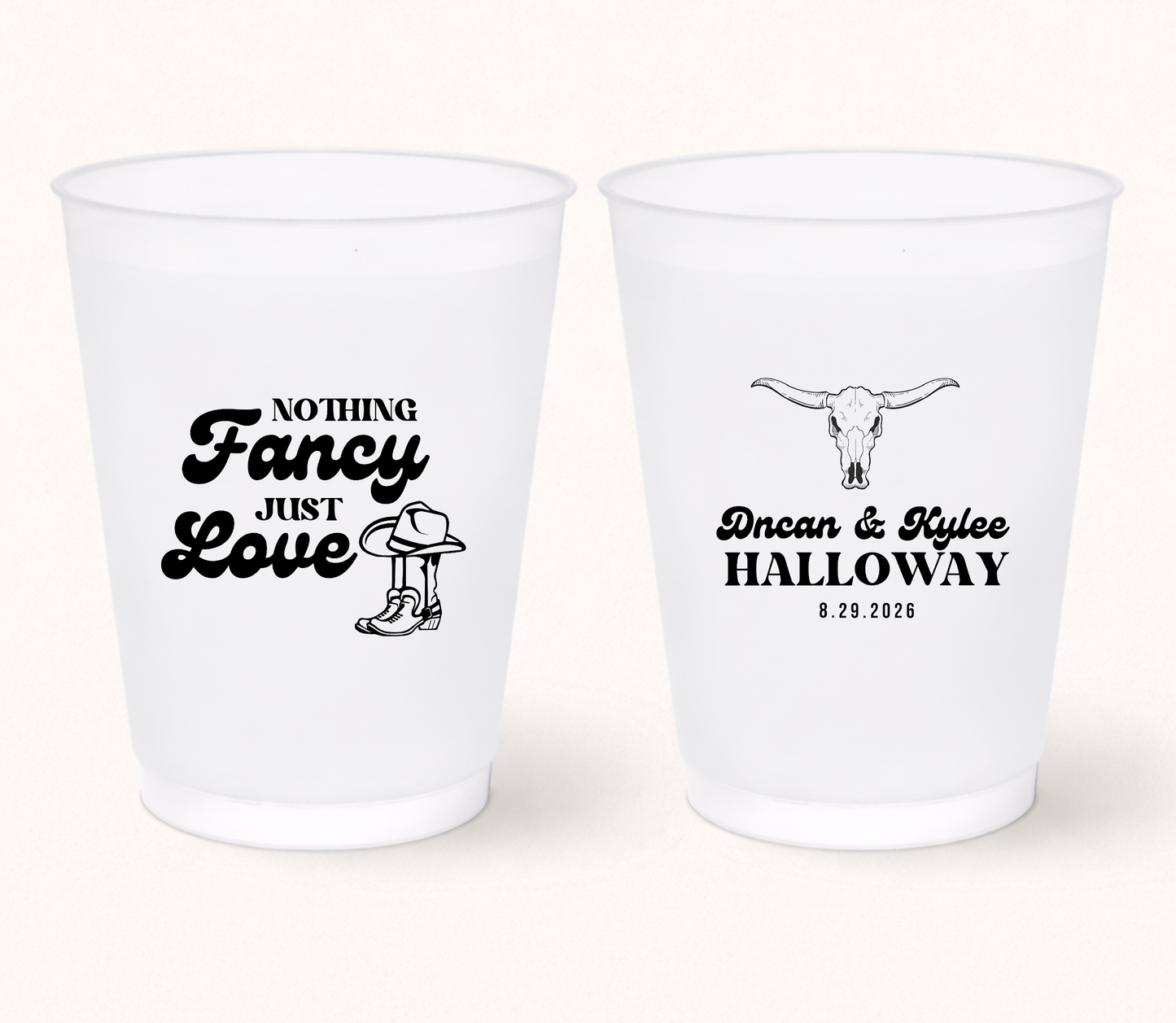 Western wedding frosted cup with cowboy boots design
Personalized country wedding cup with longhorn artwork
Custom frosted wedding cup with names and date
Rustic western wedding favor drink cup