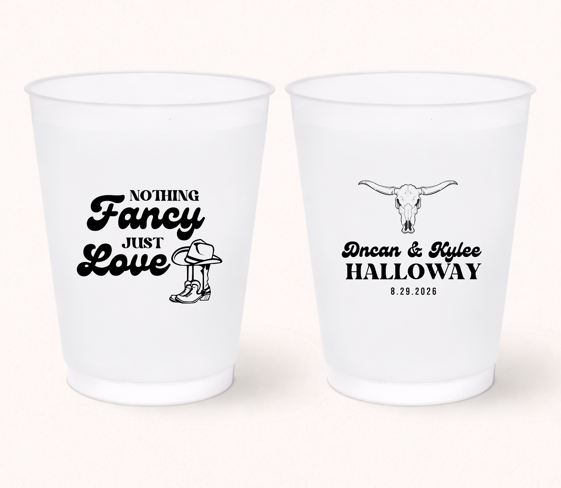 Western wedding frosted cup with cowboy boots design
Personalized country wedding cup with longhorn artwork
Custom frosted wedding cup with names and date
Rustic western wedding favor drink cup