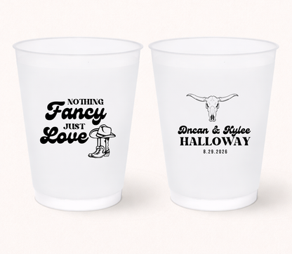 Western wedding frosted cup with cowboy boots design
Personalized country wedding cup with longhorn artwork
Custom frosted wedding cup with names and date
Rustic western wedding favor drink cup