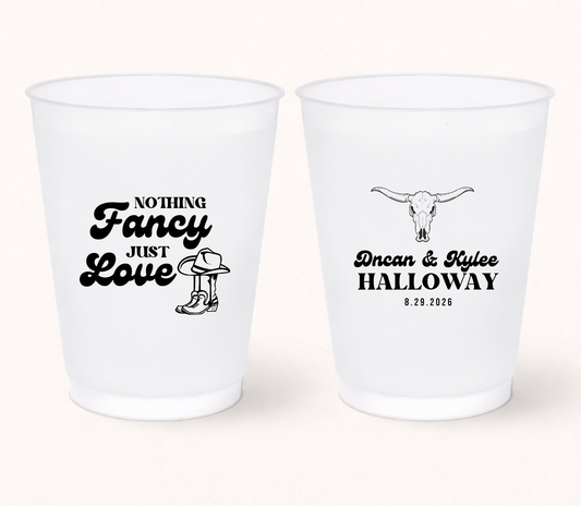 Western wedding frosted cup with cowboy boots design
Personalized country wedding cup with longhorn artwork
Custom frosted wedding cup with names and date
Rustic western wedding favor drink cup