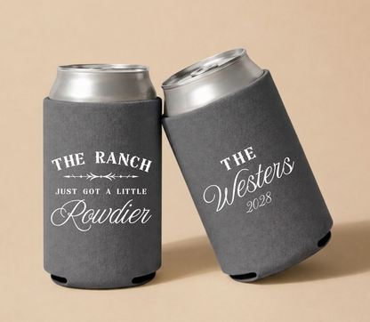 Personalized ranch wedding can coolers with white western typography, custom last name, and wedding year on charcoal gray drink sleeves

