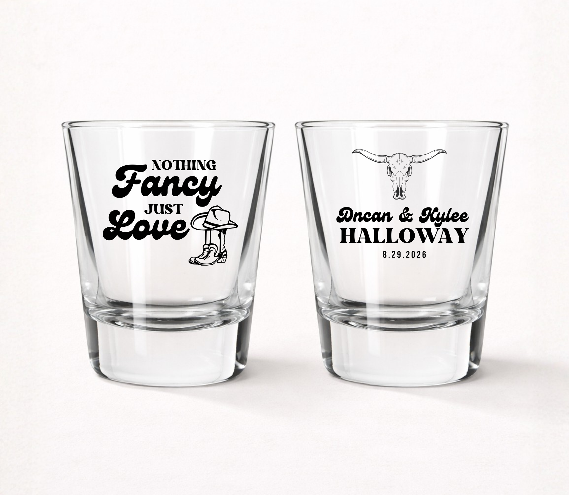 Western wedding shot glasses with cowboy design
Nothing Fancy Just Love wedding shot glass
Country wedding favor shot glass
Rustic wedding shot glasses with longhorn skull
Personalized western wedding barware
Custom ranch wedding shot glasses