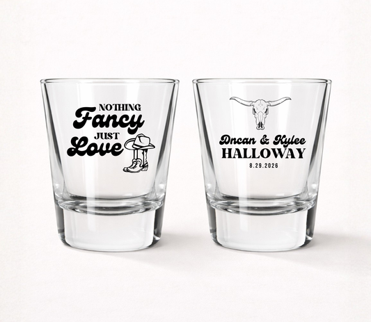 Western wedding shot glasses with cowboy design
Nothing Fancy Just Love wedding shot glass
Country wedding favor shot glass
Rustic wedding shot glasses with longhorn skull
Personalized western wedding barware
Custom ranch wedding shot glasses