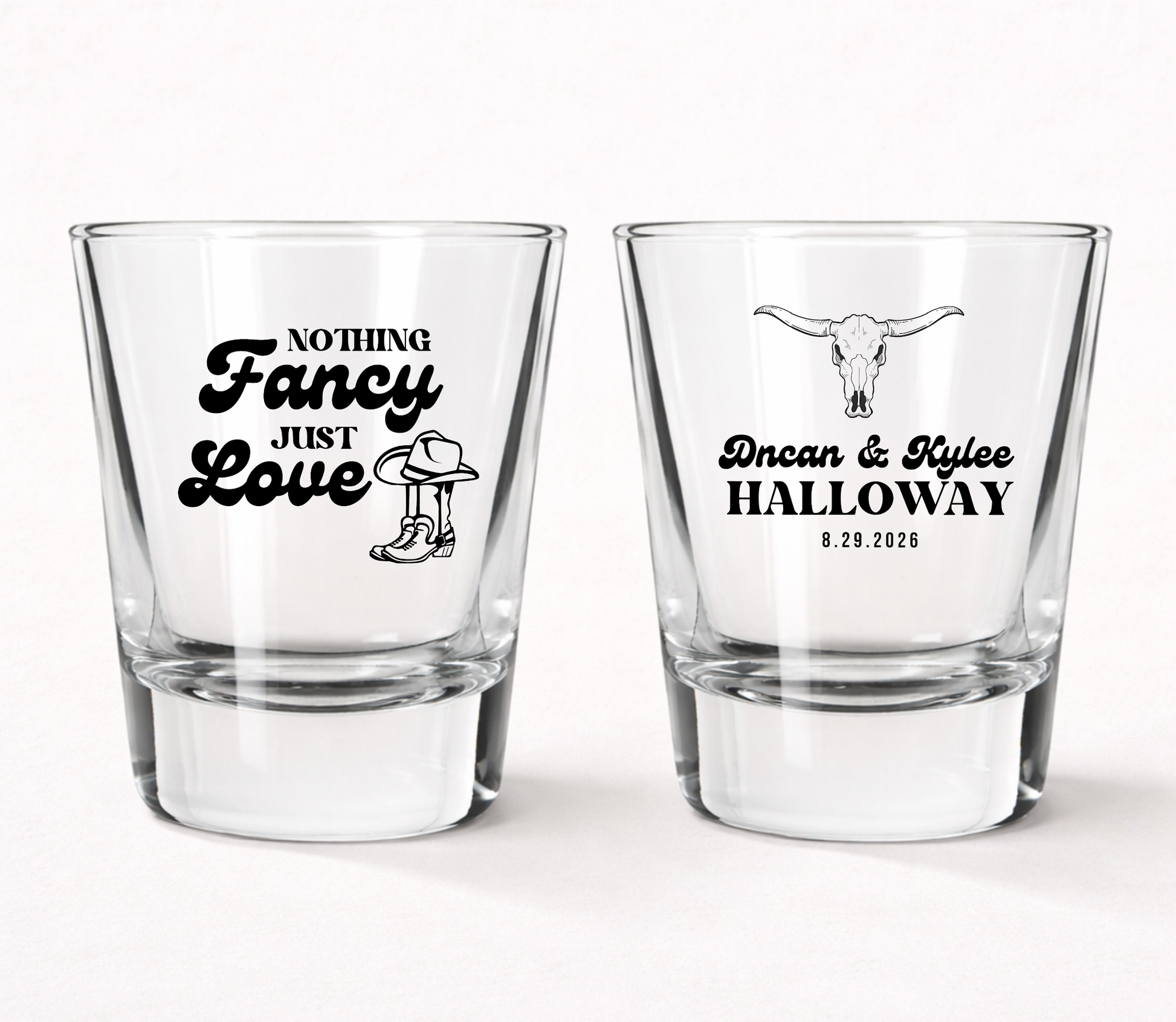 Western wedding shot glasses with cowboy design
Nothing Fancy Just Love wedding shot glass
Country wedding favor shot glass
Rustic wedding shot glasses with longhorn skull
Personalized western wedding barware
Custom ranch wedding shot glasses