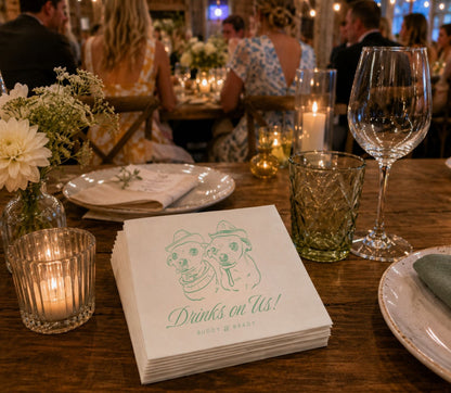 Western dog lover wedding table napkin featuring two illustrated pet portraits and elegant typography.
Premium personalized table napkin with custom cowboy dog illustrations, pet names, and rustic western design.